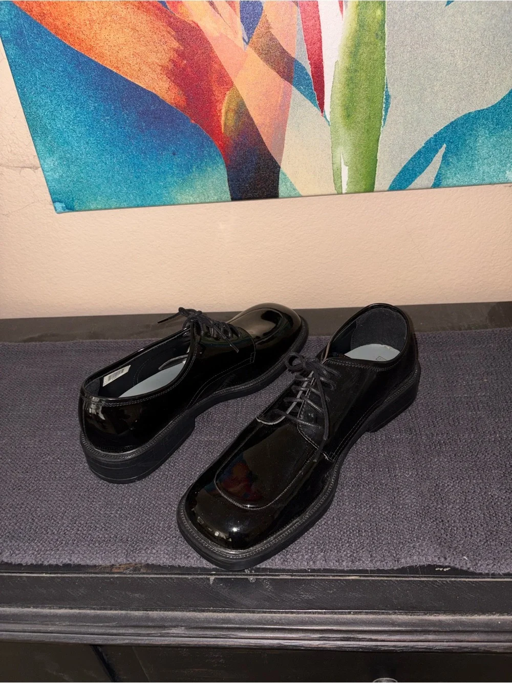 Men’s American Vintage Gloss Black Leather Dress Shoes Polished Oxfords, size 12